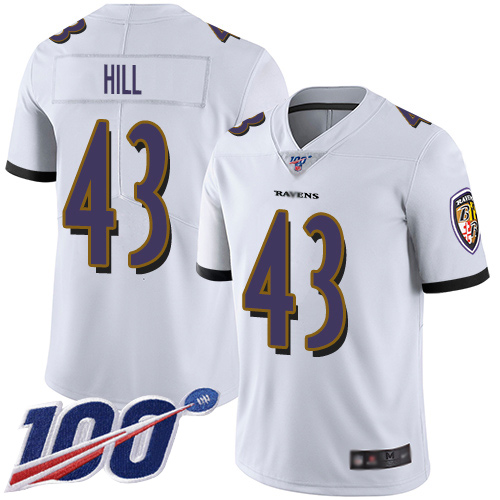 Baltimore Ravens Limited White Men Justice Hill Road Jersey NFL Football 43 100th Season Vapor Untouchable